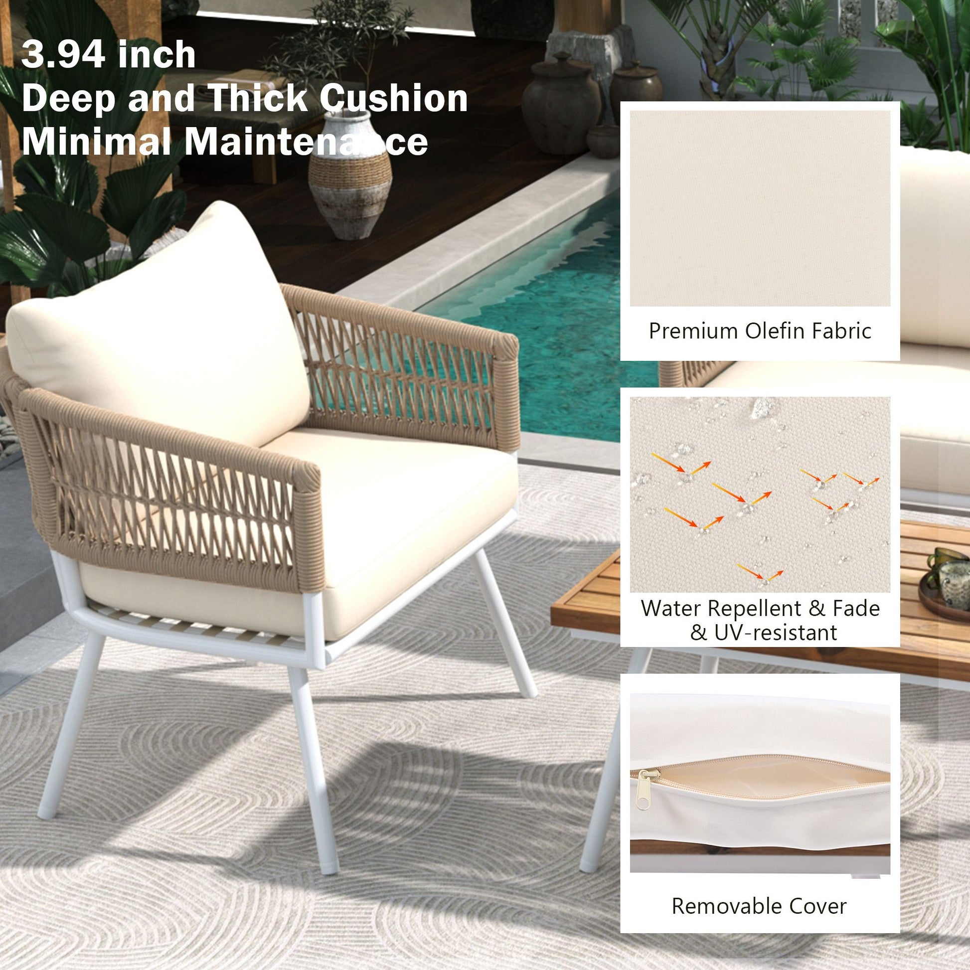 4-Piece Patio Furniture Set, Outdoor Furniture with Acacia Wood Table, Patio Conversation Set with Deep Seating & Thick Cushion for Backyard Porch Balcony - Discount Msrp 
