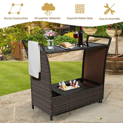 Patio Rattan Bar Serving Cart with Glass Top and Handle - Discount Msrp 