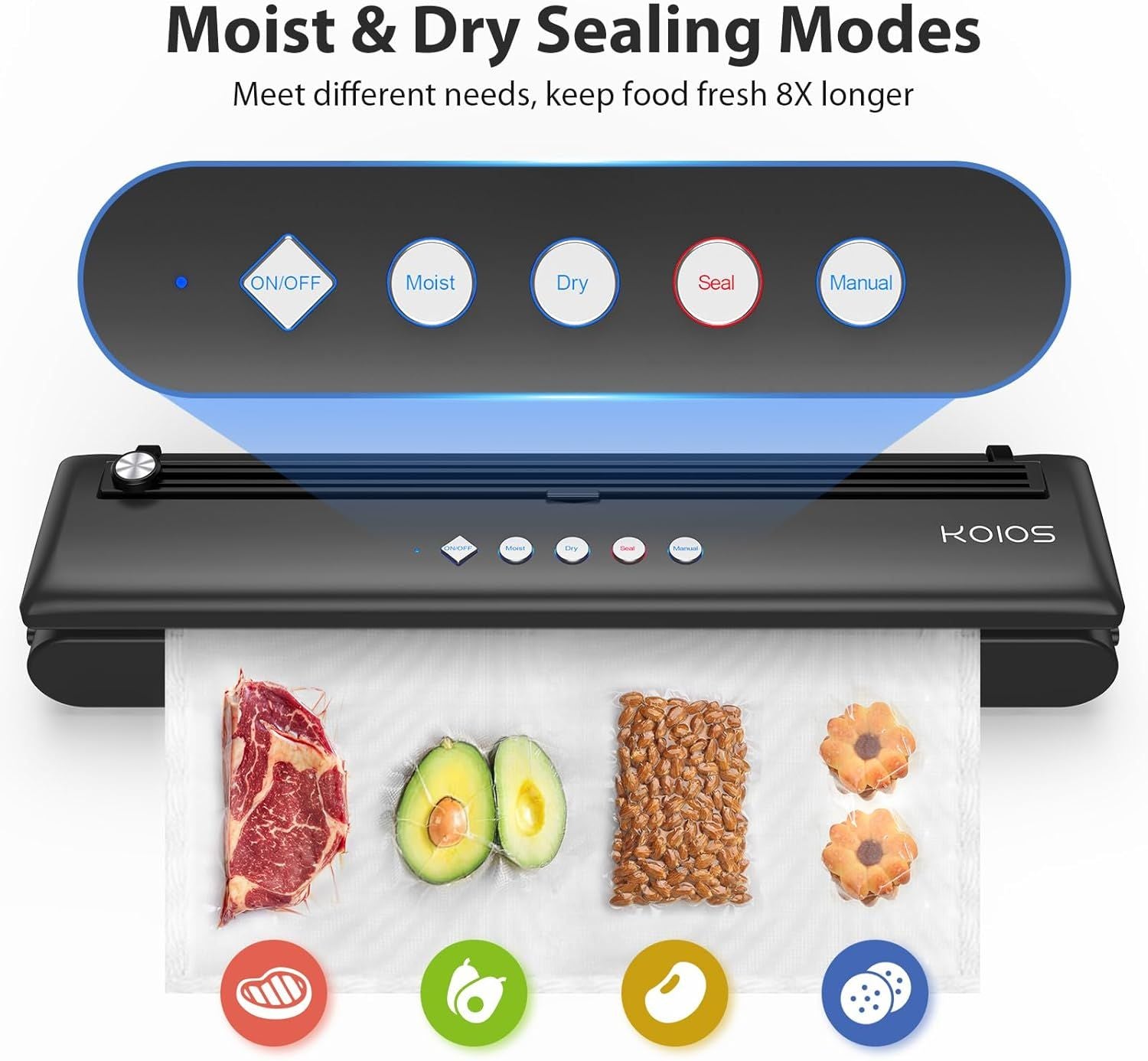 KOIOS Vacuum Sealer Machine, Automatic Food Sealer with Cutter, Dry & Moist Modes, Compact Design Powerful Suction Air Sealing System with 10 Sealing Bags & Air Suction Hose - Discount Msrp 