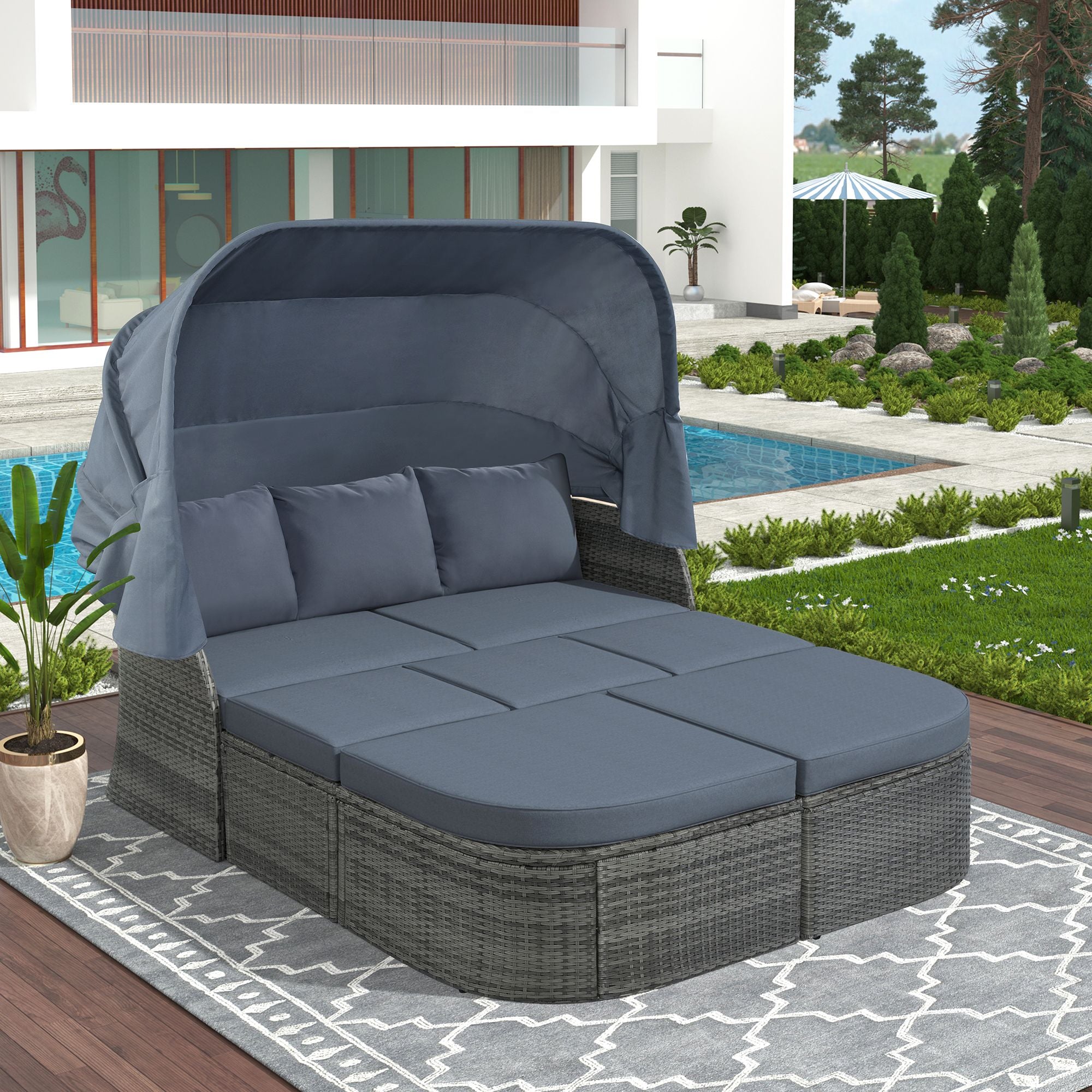 Outdoor Patio Furniture Set Daybed Sunbed with Retractable Canopy Conversation Set Wicker Furniture - Discount Msrp 
