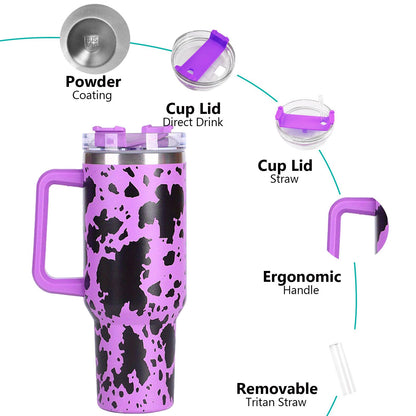 40oz 5D cowprint Insulated Tumbler With Handle And Straw Lid Portable Large Capacity water bottle, Heat preservation,304 Stainless Steel Cup For Outdoor Sports, Travel & Camping Birthday Gift - Discount Msrp 