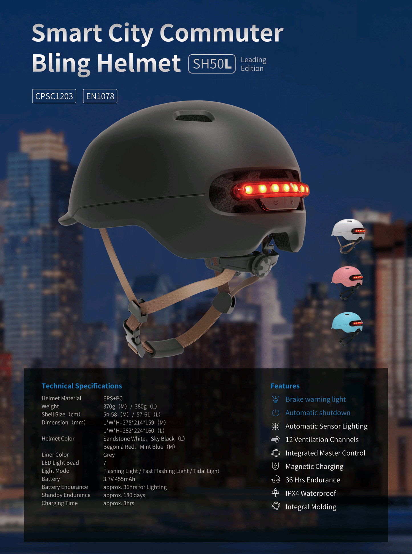 Cycling sports protection helmet. (Light sensing mode, phone answering, GPS navigation, brake warning lights, MP3 + light endurance of 6h, 2X1W stereo voice control - Discount Msrp 