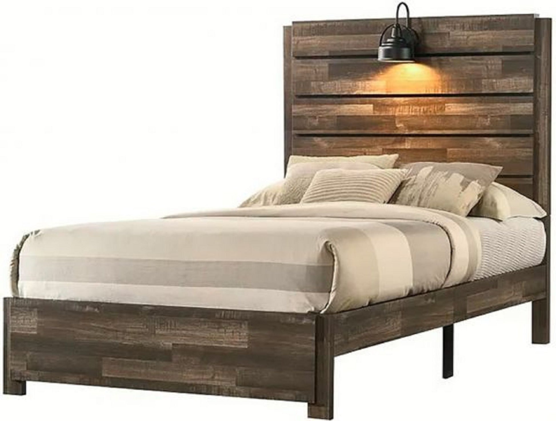 1pc Rustic Style Butcher Block Finish Weathered Brown Finish Full Size Bed w/ Lamp Wooden Bedroom Furniture - Discount Msrp 