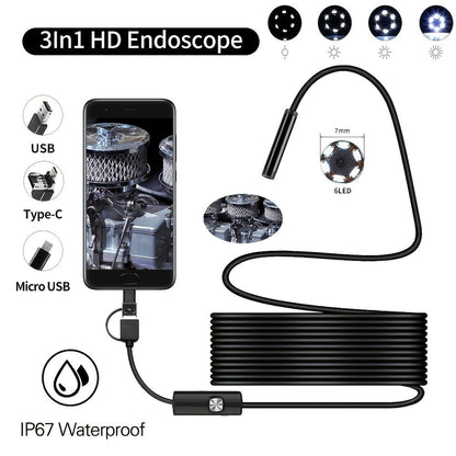 Endoscope Camera Waterproof IP67 Adjustable Soft Hard Wire 6 LEDS 7mm Automotive Endoscope Camera For Android USB Phone PC - Discount Msrp 