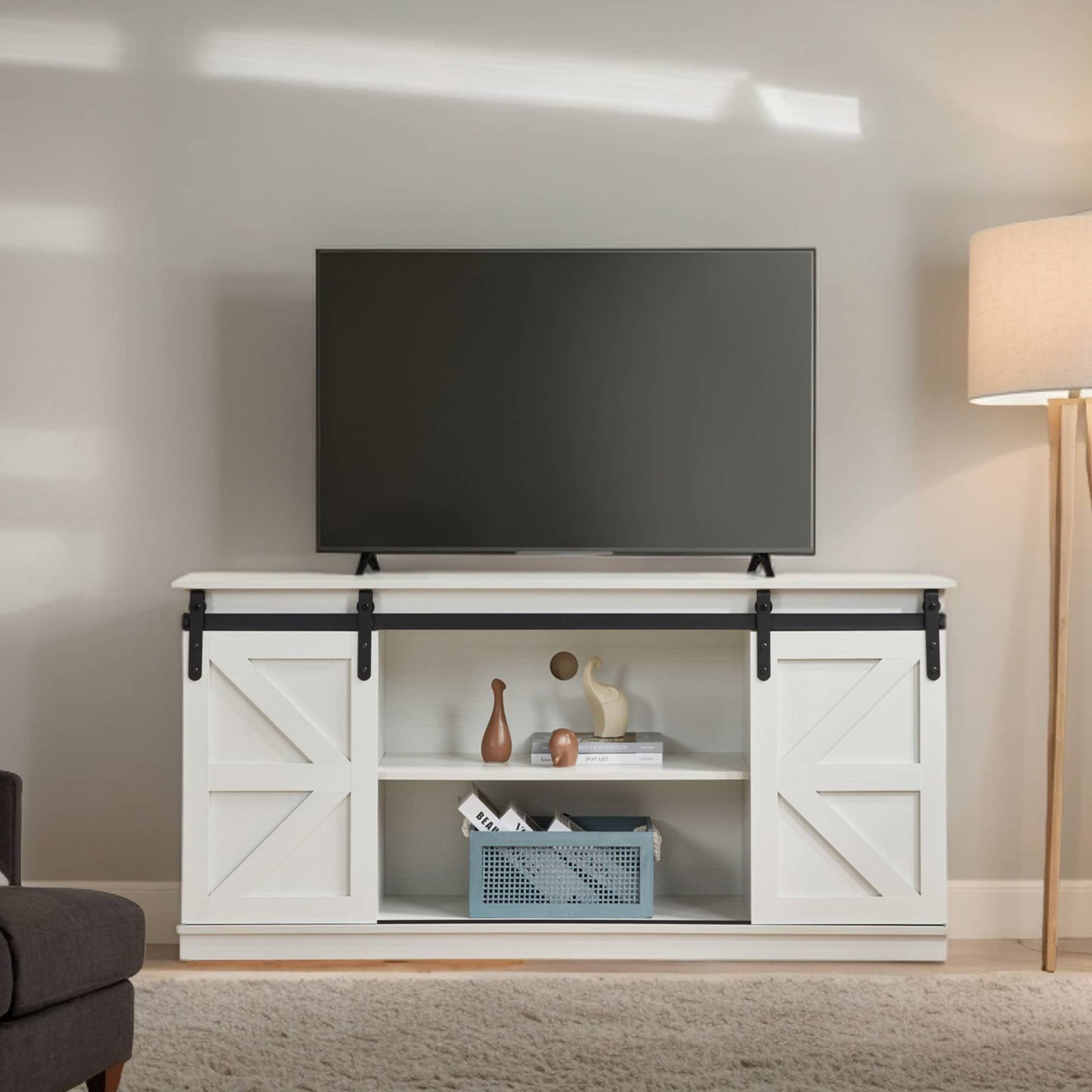 58" Farmhouse TV Stand and Entertainment Center for Televisions up to 65 Inchs,with Sliding Barn Doors and Storage Cabinets,White - Discount Msrp 