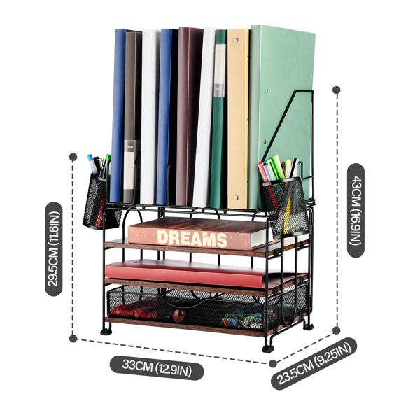 Desktop organizer with file rack, 3-layer paper letter tray organizer with drawers and 2 pen holder, mesh desktop organizer and office supplies storage with magazine rack (black) - Discount Msrp 
