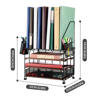 Desktop organizer with file rack, 3-layer paper letter tray organizer with drawers and 2 pen holder, mesh desktop organizer and office supplies storage with magazine rack (black) - Discount Msrp 