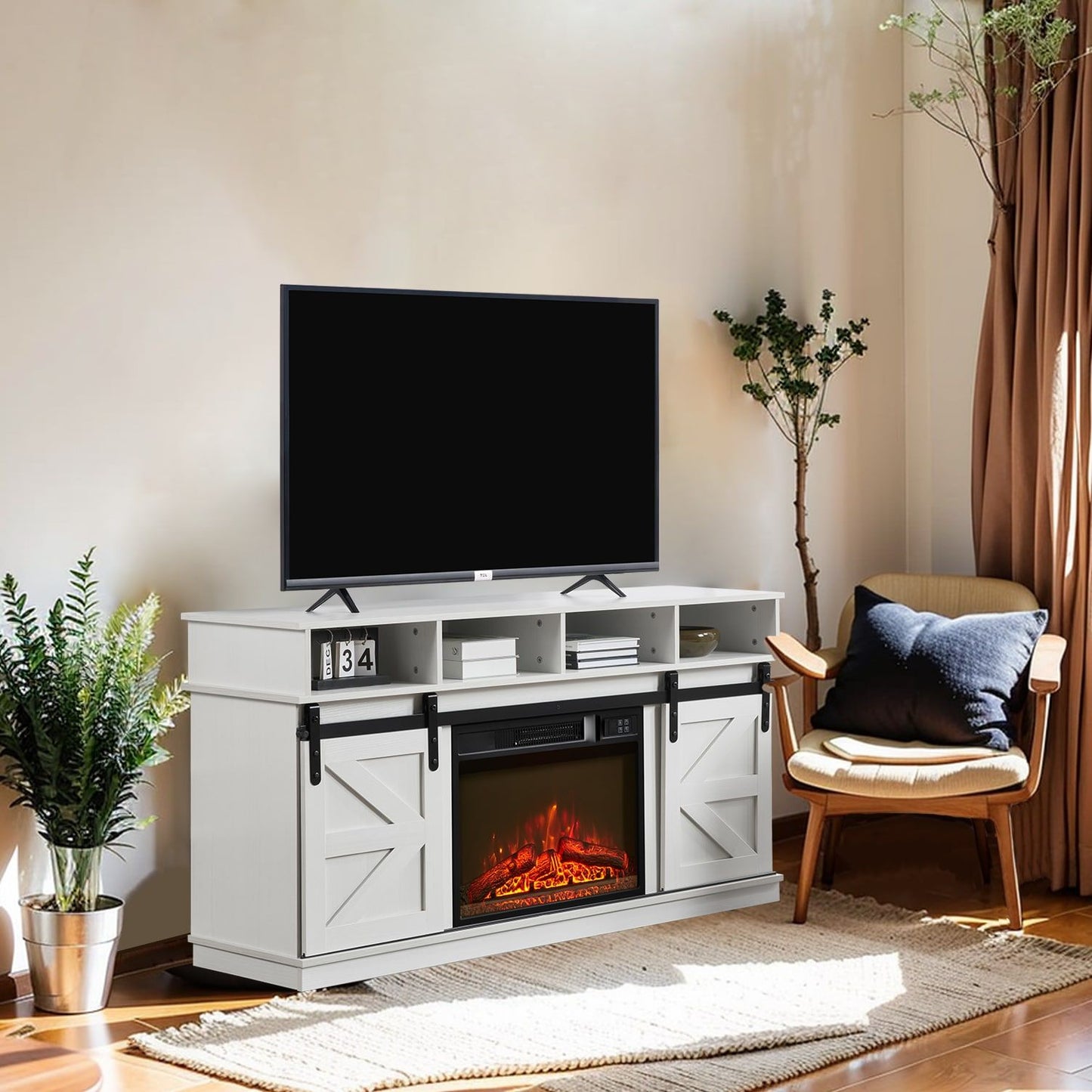 Modern Farmhouse TV Media Stand, Large Barn Inspired Home Entertainment Console, with 23" Fireplace Insert, for TV Up to 65'', with Open Shelves and Closed Cabinets, White - Discount Msrp 