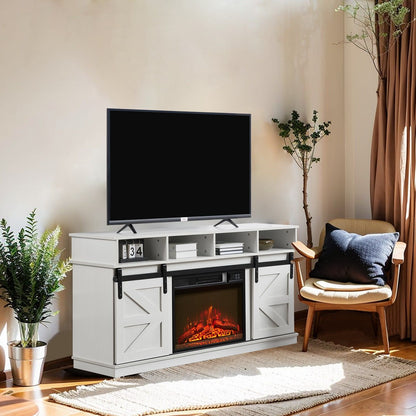 Modern Farmhouse TV Media Stand, Large Barn Inspired Home Entertainment Console, with 23" Fireplace Insert, for TV Up to 65'', with Open Shelves and Closed Cabinets, White - Discount Msrp 