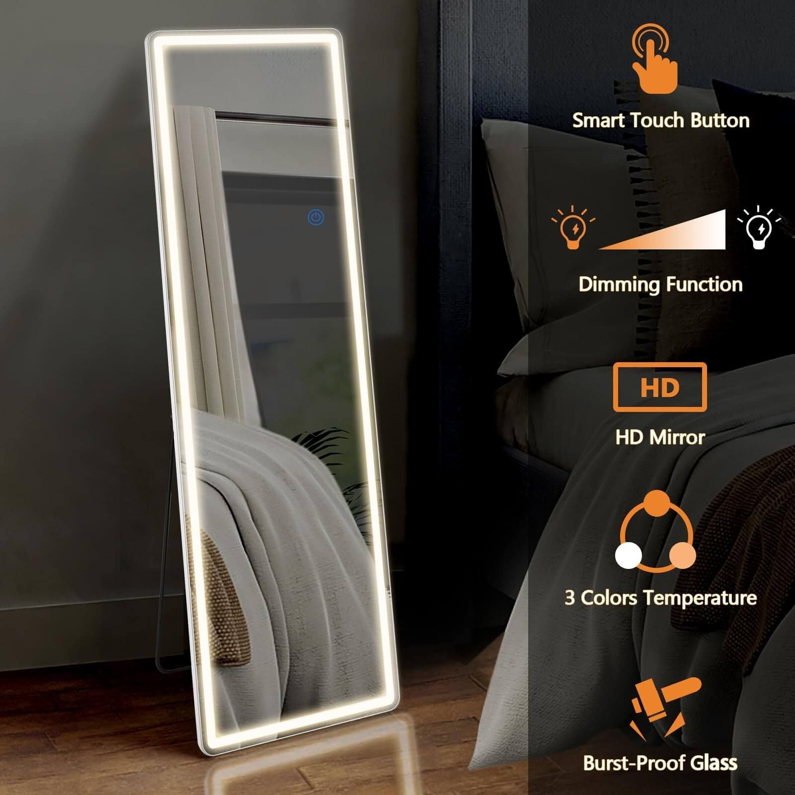 3 Color Lighting Mirror with LED Lights, 64"x21" Lighted Floor Standing Mirror with Stand - Discount Msrp 