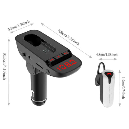 Car FM Transmitter w/ Wireless Earpiece 2 USB Charge Ports Hands-free Call MP3 Player - Discount Msrp 