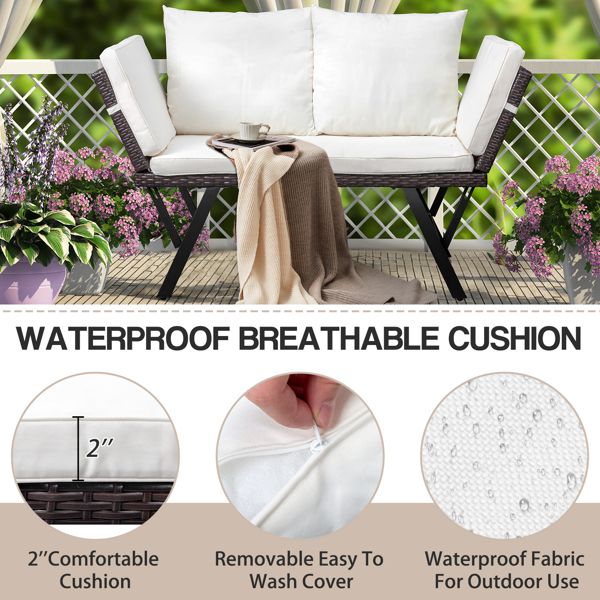 Outdoor Sofa, Woven Rattan Patio Furniture, Convertible Daybed or Double Chair with Adjustable Armrests, Cushions and Pillows for Yard Porch Pool, Gray Lounger & Beige Cushion - Discount Msrp 