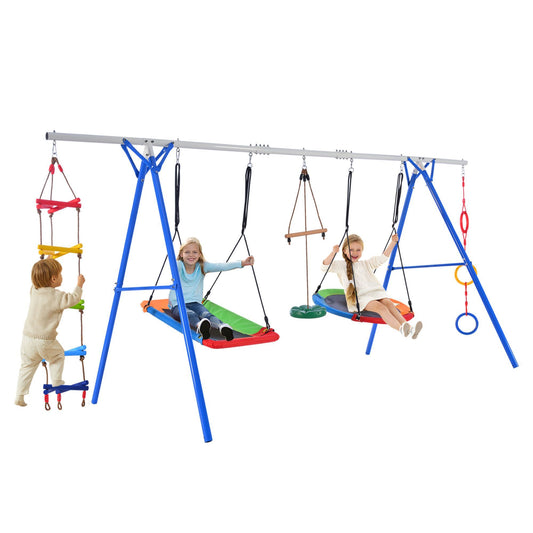 5 in 1 Outdoor Toddler Swing Set for Backyard, Playground Swing Sets with Steel Frame, Multifunction Playsets for Kids with Climbing Ladder, Saucer Swing, Monkey Bar Swing, Disc Swing and Swing Ring - Discount Msrp 