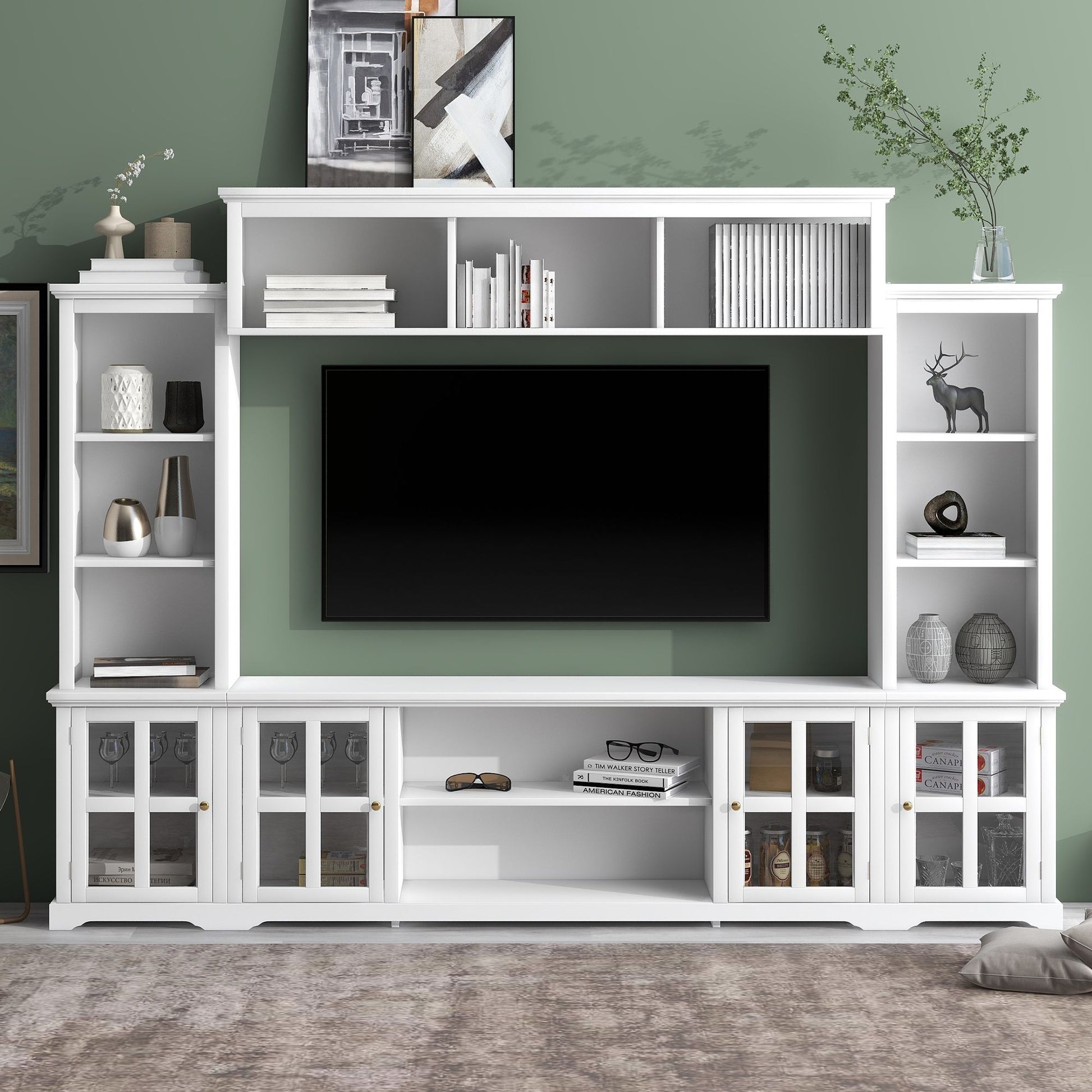 [VIDEO provided] ON-TREND Minimalism Entertainment Wall Unit with Bridge, Modern TV Console Table for TVs Up to 70", Multifunctional TV Stand with Tempered Glass Door, White (Old SKU: SD000009AAK) - Discount Msrp 