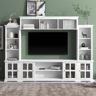 [VIDEO provided] ON-TREND Minimalism Entertainment Wall Unit with Bridge, Modern TV Console Table for TVs Up to 70", Multifunctional TV Stand with Tempered Glass Door, White (Old SKU: SD000009AAK) - Discount Msrp 