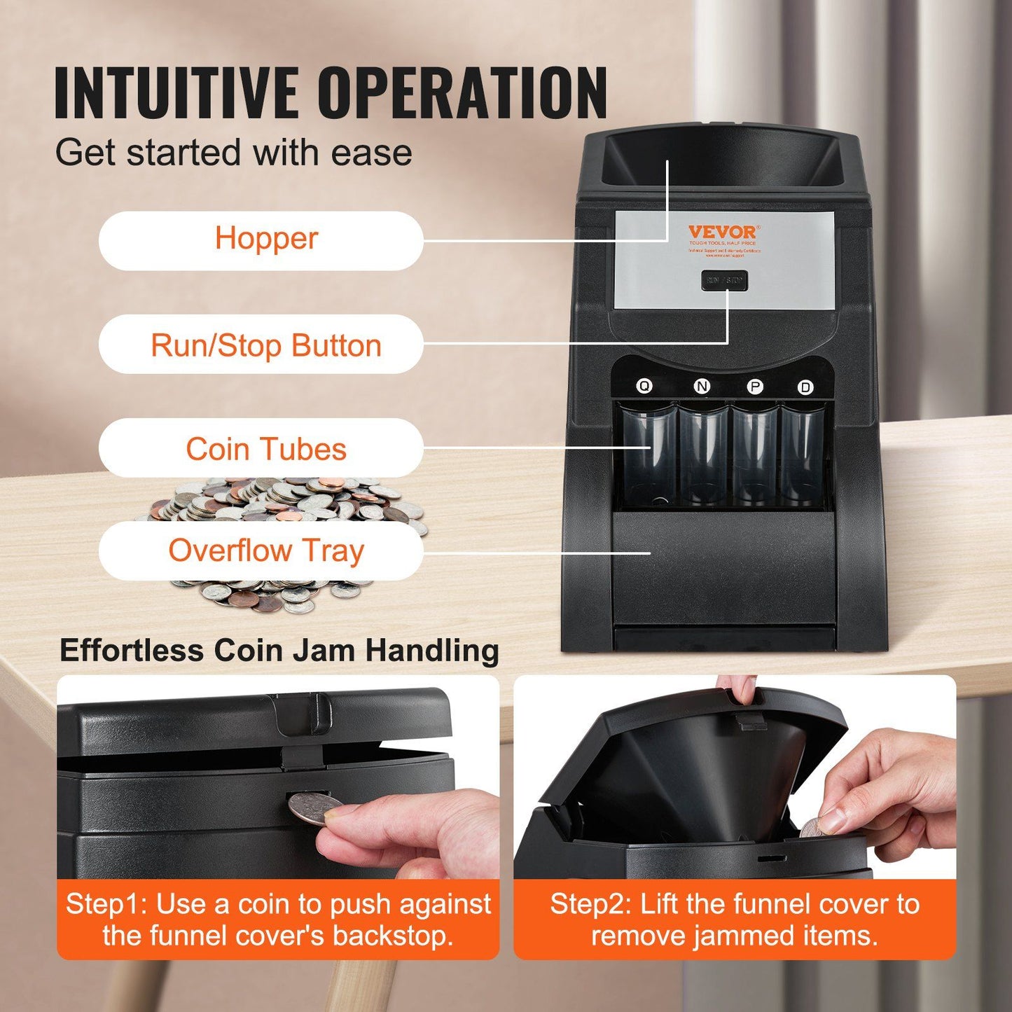 VEVOR USD Coin Sorter, Coin Sorter Machine for USD Coin 1¢ 5¢ 10¢ 25¢, Sorts up to 230 Coins/min, Coin Sorter and Wrapper Machine Holds 200 Coins Included 4 Coin Tubes, Black - Discount Msrp 