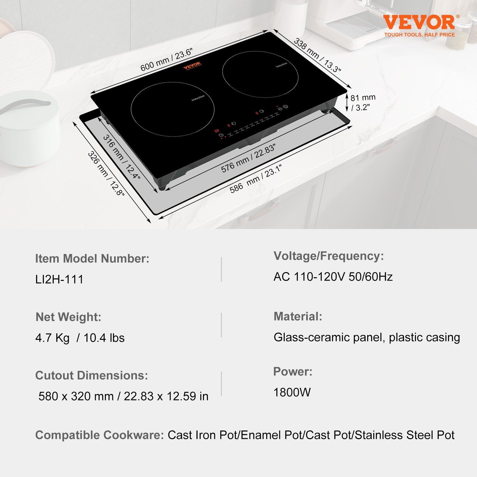 VEVOR Electric Cooktop, 2 Burners, 24'' Induction Stove Top, Built-in Magnetic Cooktop 1800W, 9 Heating Level Multifunctional Burner, LED Touch Screen w/ Child Lock & Over-Temperature Protection - Discount Msrp 