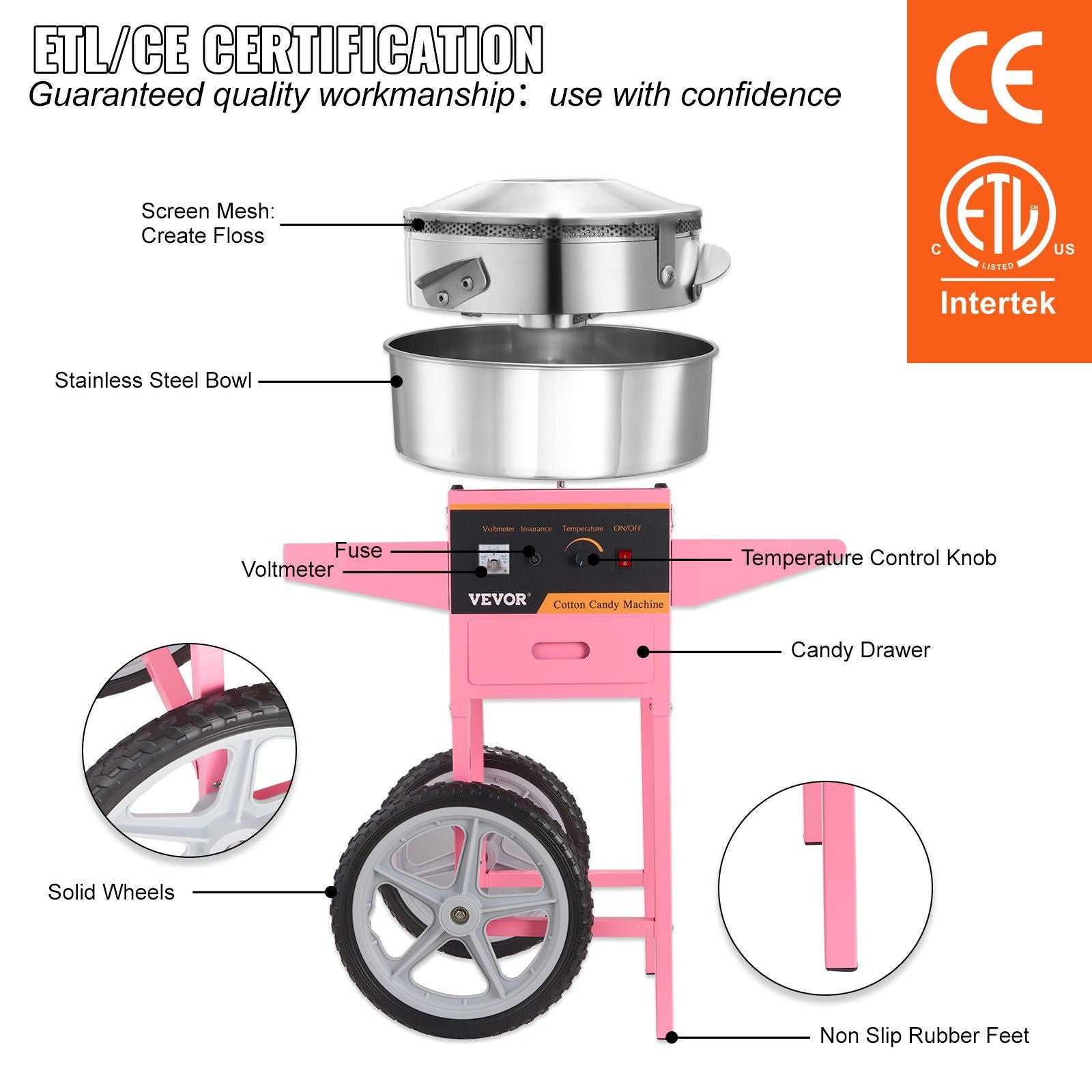 VEVOR Electric Cotton Candy Machine with Cart, 1000W Commercial Floss Maker with Stainless Steel Bowl, Sugar Scoop and Drawer, Perfect for Home, Kids Birthday, Family Party, Pink - Discount Msrp 