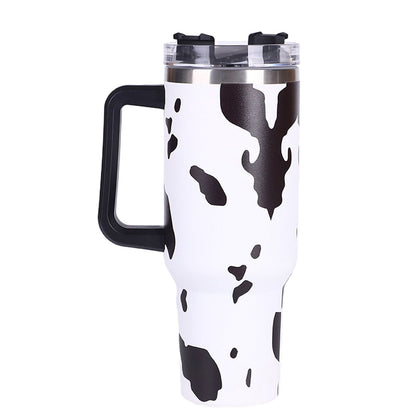 40oz 5D cowprint Insulated Tumbler With Handle And Straw Lid Portable Large Capacity water bottle, Heat preservation,304 Stainless Steel Cup For Outdoor Sports, Travel & Camping Birthday Gift - Discount Msrp 