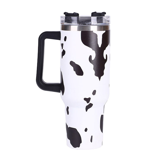 40oz 5D cowprint Insulated Tumbler With Handle And Straw Lid Portable Large Capacity water bottle, Heat preservation,304 Stainless Steel Cup For Outdoor Sports, Travel & Camping Birthday Gift - Discount Msrp 