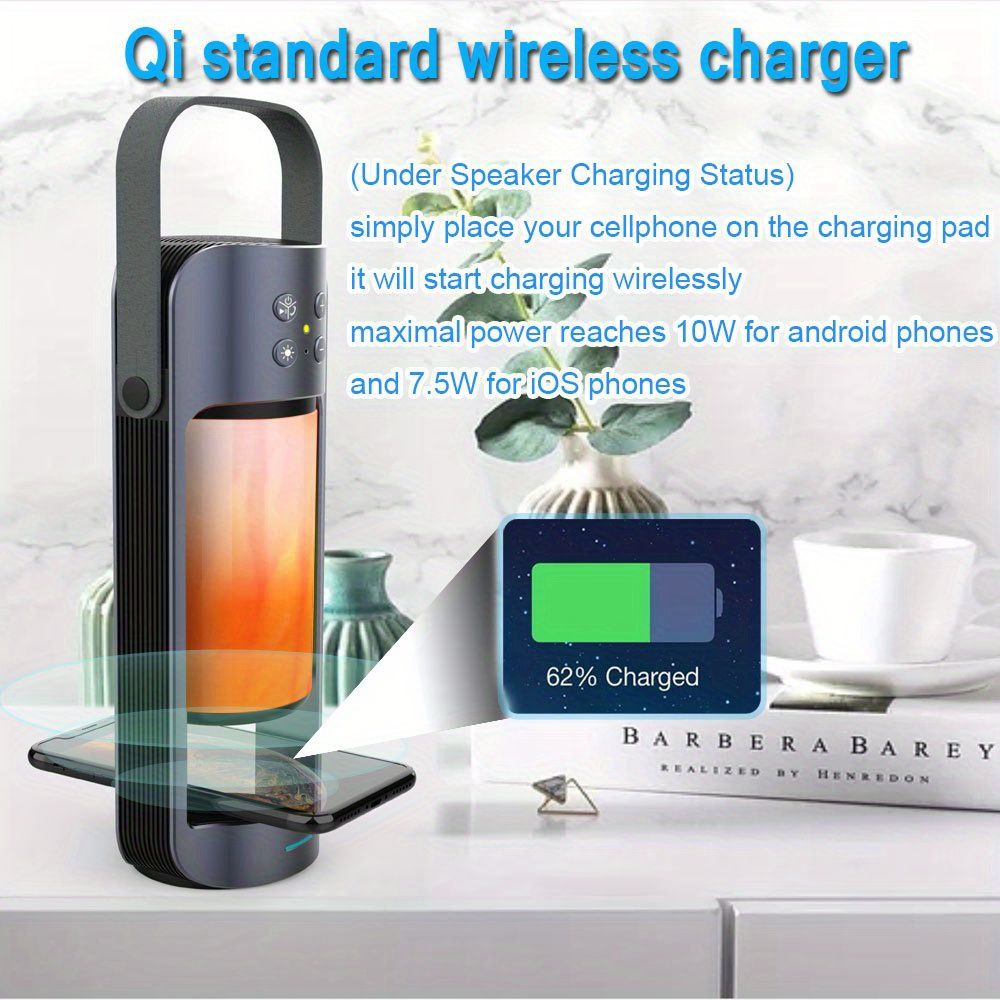 Portable Wireless Flame LED Speaker With Wireless Charger; Speaker With 10 Hours Working Time; 10W Speaker BT 4.2 Version; Mega Bass Sound Quality For Indoor And Outdoor - Discount Msrp 
