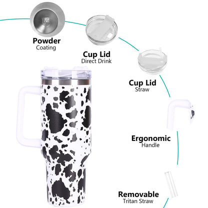 40oz 5D cowprint Insulated Tumbler With Handle And Straw Lid Portable Large Capacity water bottle, Heat preservation,304 Stainless Steel Cup For Outdoor Sports, Travel & Camping Birthday Gift - Discount Msrp 