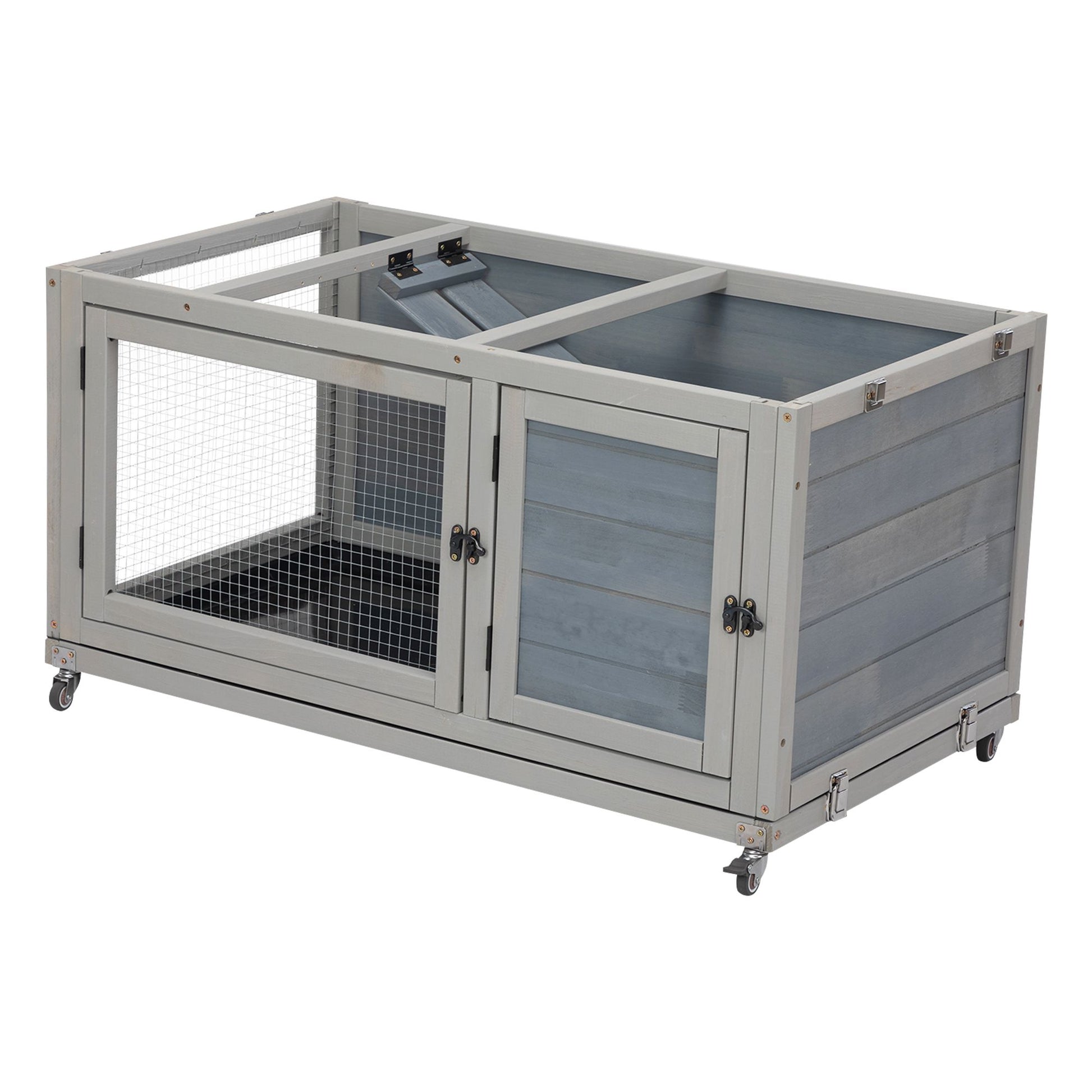 Weatherproof Rabbit House, Indoor/Outdoor Wooden Rabbit Hutch, 2 Story Bunny Cage, Pet House, Wooden Chicken Coop with Wheels, Pull Out Tray for Rabbits and Guinea Pigs, Grey - Discount Msrp 