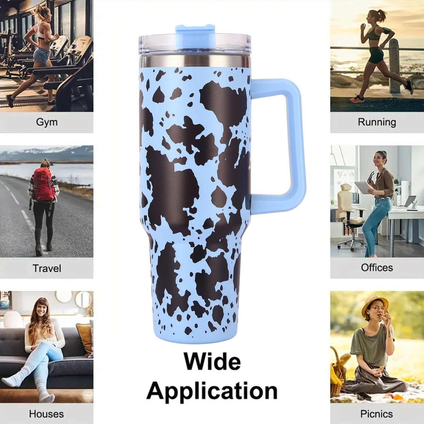 40oz 5D cowprint Insulated Tumbler With Handle And Straw Lid Portable Large Capacity water bottle, Heat preservation,304 Stainless Steel Cup For Outdoor Sports, Travel & Camping Birthday Gift - Discount Msrp 