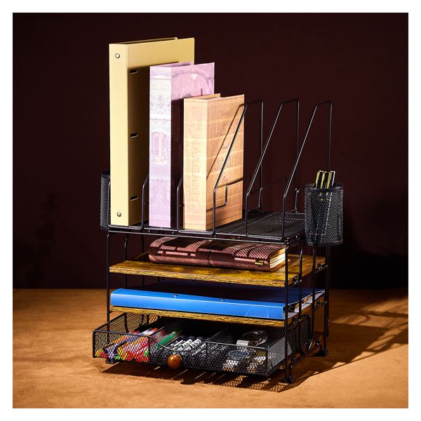 Desktop organizer with file rack, 3-layer paper letter tray organizer with drawers and 2 pen holder, mesh desktop organizer and office supplies storage with magazine rack (black) - Discount Msrp 