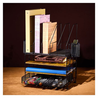 Desktop organizer with file rack, 3-layer paper letter tray organizer with drawers and 2 pen holder, mesh desktop organizer and office supplies storage with magazine rack (black) - Discount Msrp 