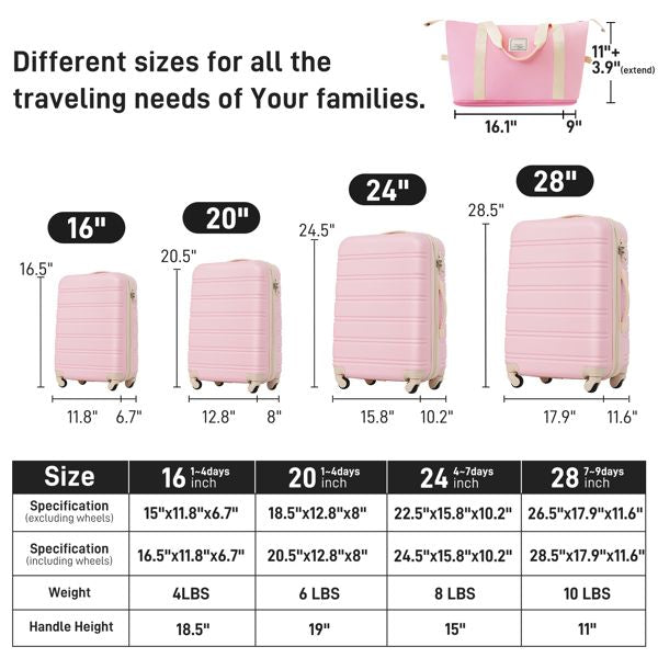 Hardshell Luggage Sets 4 pcs + Bag Spinner Suitcase with TSA Lock Lightweight-16"+20"+24"+28" Luggages - Discount Msrp 