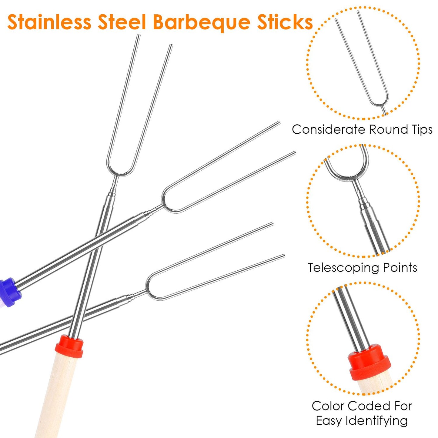 Stainless Steel Roasting Sticks Set 31.9in Extendable Telescoping Marshmallow Hot Dog Fork Skewers Set - Discount Msrp 