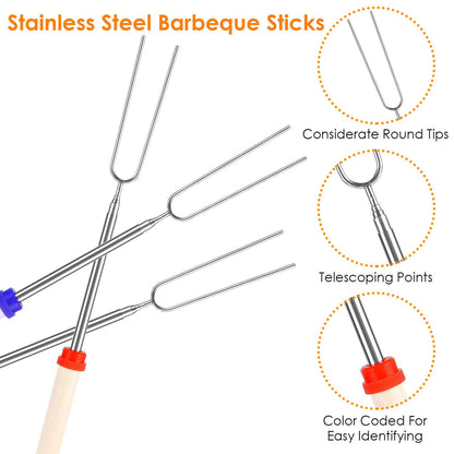 Stainless Steel Roasting Sticks Set 31.9in Extendable Telescoping Marshmallow Hot Dog Fork Skewers Set - Discount Msrp 