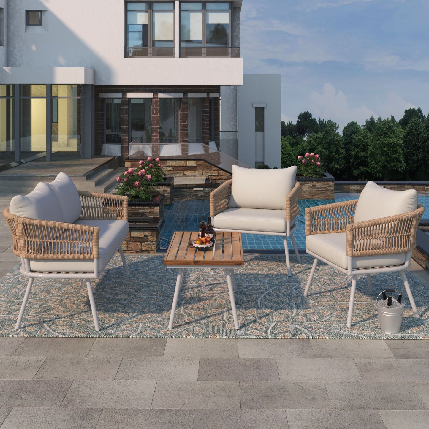 4-Piece Patio Furniture Set, Outdoor Furniture with Acacia Wood Table, Patio Conversation Set with Deep Seating & Thick Cushion for Backyard Porch Balcony - Discount Msrp 