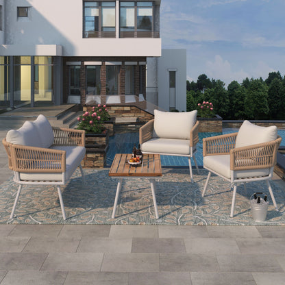 4-Piece Patio Furniture Set, Outdoor Furniture with Acacia Wood Table, Patio Conversation Set with Deep Seating & Thick Cushion for Backyard Porch Balcony - Discount Msrp 