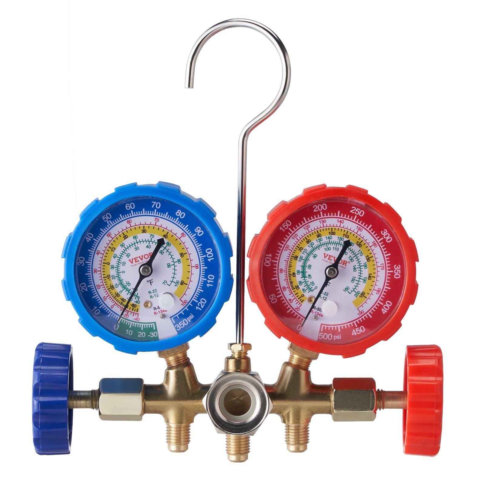 VEVOR AC Gauge Set - 3 Way AC Manifold Gauge Set for R134A R22 R12 R502 Refrigerant, Freon Gauges with 5ft Hoses, Couplers, Can Tap Works on Car Auto Freon Charging and Evacuation - Discount Msrp 