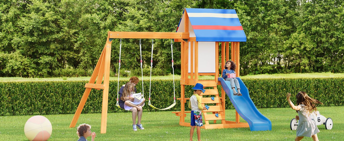 Wooden Outdoor Swing Set 3 in 1 Swing Set outdoor Children's Playset with Slide , 2 Swings and Climber for Garden, Backyard and Playground, Blue - Discount Msrp 