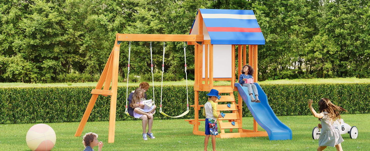 Wooden Outdoor Swing Set 3 in 1 Swing Set outdoor Children's Playset with Slide , 2 Swings and Climber for Garden, Backyard and Playground, Blue - Discount Msrp 