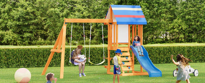 Wooden Outdoor Swing Set 3 in 1 Swing Set outdoor Children's Playset with Slide , 2 Swings and Climber for Garden, Backyard and Playground, Blue - Discount Msrp 