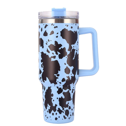 40oz 5D cowprint Insulated Tumbler With Handle And Straw Lid Portable Large Capacity water bottle, Heat preservation,304 Stainless Steel Cup For Outdoor Sports, Travel & Camping Birthday Gift - Discount Msrp 