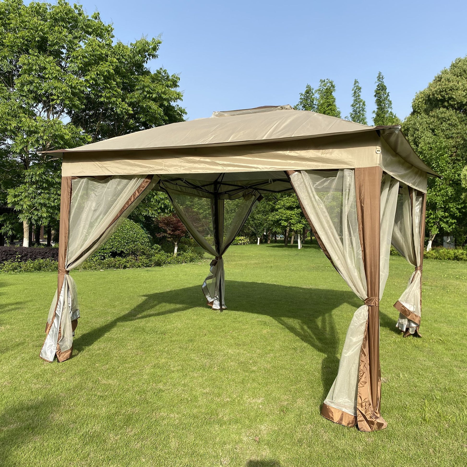 Outdoor 11x 11Ft Pop Up Gazebo Canopy With Removable Zipper Netting,2-Tier Soft Top Event Tent,Suitable For Patio Backyard Garden Camping Area,Coffee YJ - Discount Msrp 