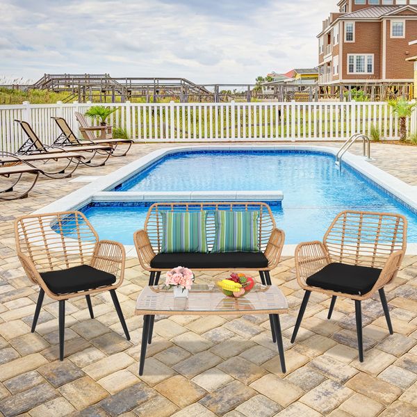 4-Piece Patio Furniture Outdoor Bistro Set, All Weather Rattan Conversation Bistro Loveseat Chair and Table Set for Backyard Balcony Deck - Discount Msrp 