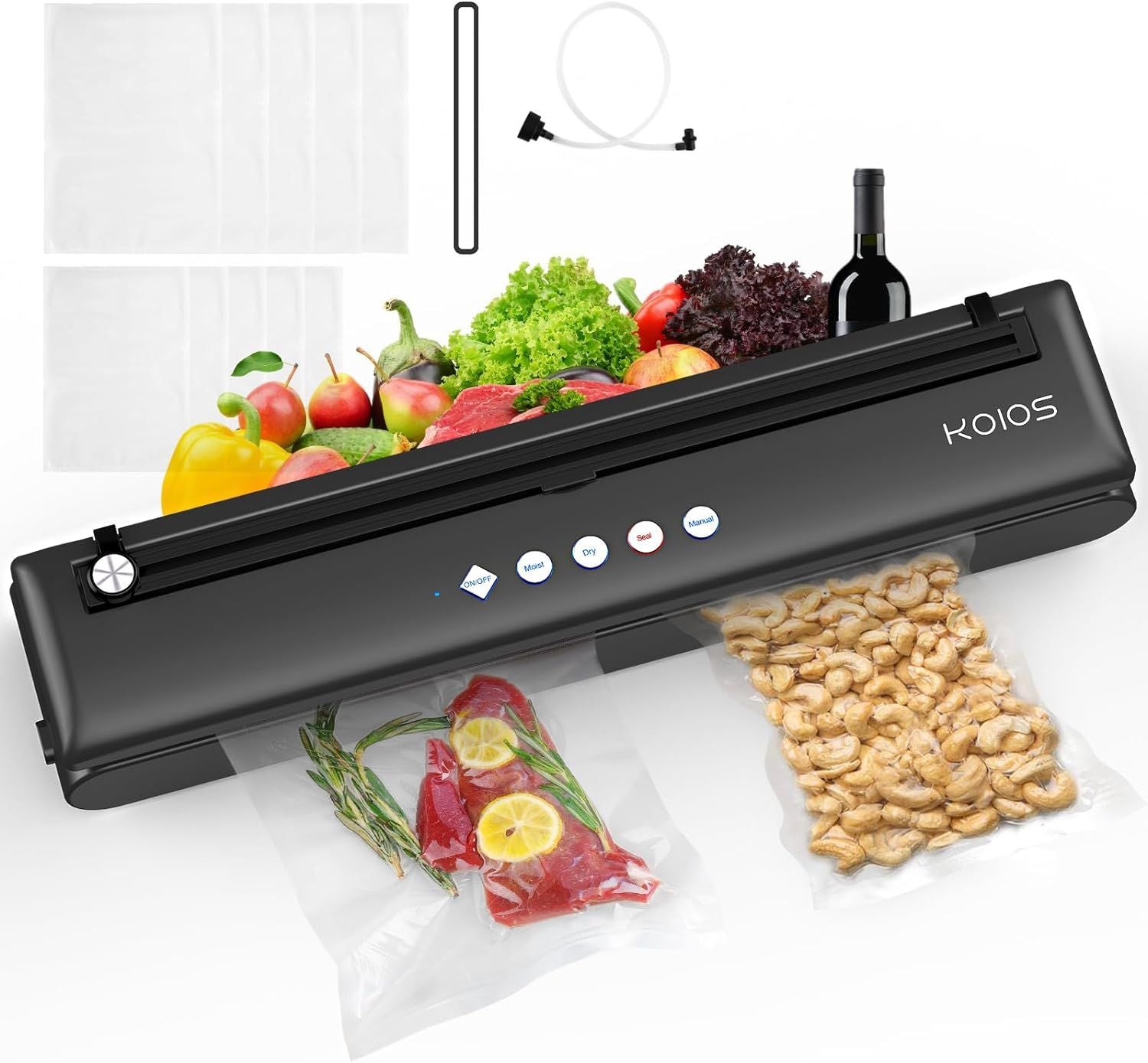 KOIOS Vacuum Sealer Machine, Automatic Food Sealer with Cutter, Dry & Moist Modes, Compact Design Powerful Suction Air Sealing System with 10 Sealing Bags & Air Suction Hose - Discount Msrp 