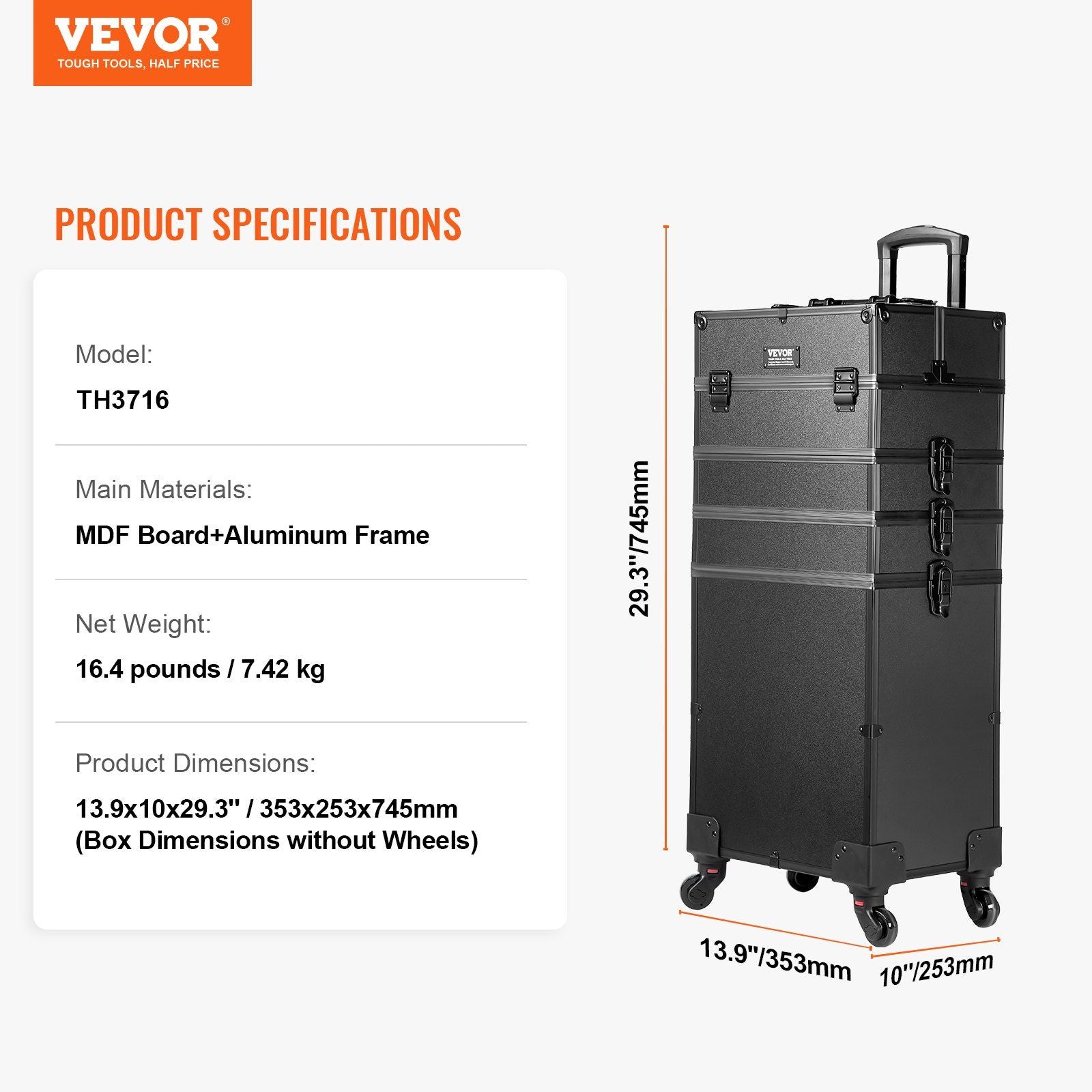 VEVOR 5 in 1 Professional Makeup Train Case Aluminum Cosmetic Case, Rolling Makeup Case Extra Large Trolley Makeup Travel Organizer, with 360° Swivel Wheels & Adjustable Pull Rod, Black - Discount Msrp 