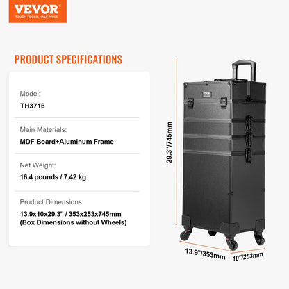 VEVOR 5 in 1 Professional Makeup Train Case Aluminum Cosmetic Case, Rolling Makeup Case Extra Large Trolley Makeup Travel Organizer, with 360° Swivel Wheels & Adjustable Pull Rod, Black - Discount Msrp 