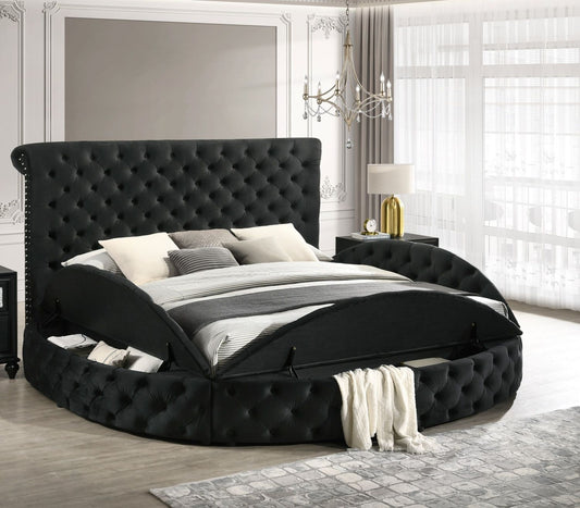 Luxurious 1pc Glam King Size Tufted Headboard Upholstered Storage Round Bed Black Footboard Storage Wooden Bedroom Furniture - Discount Msrp 