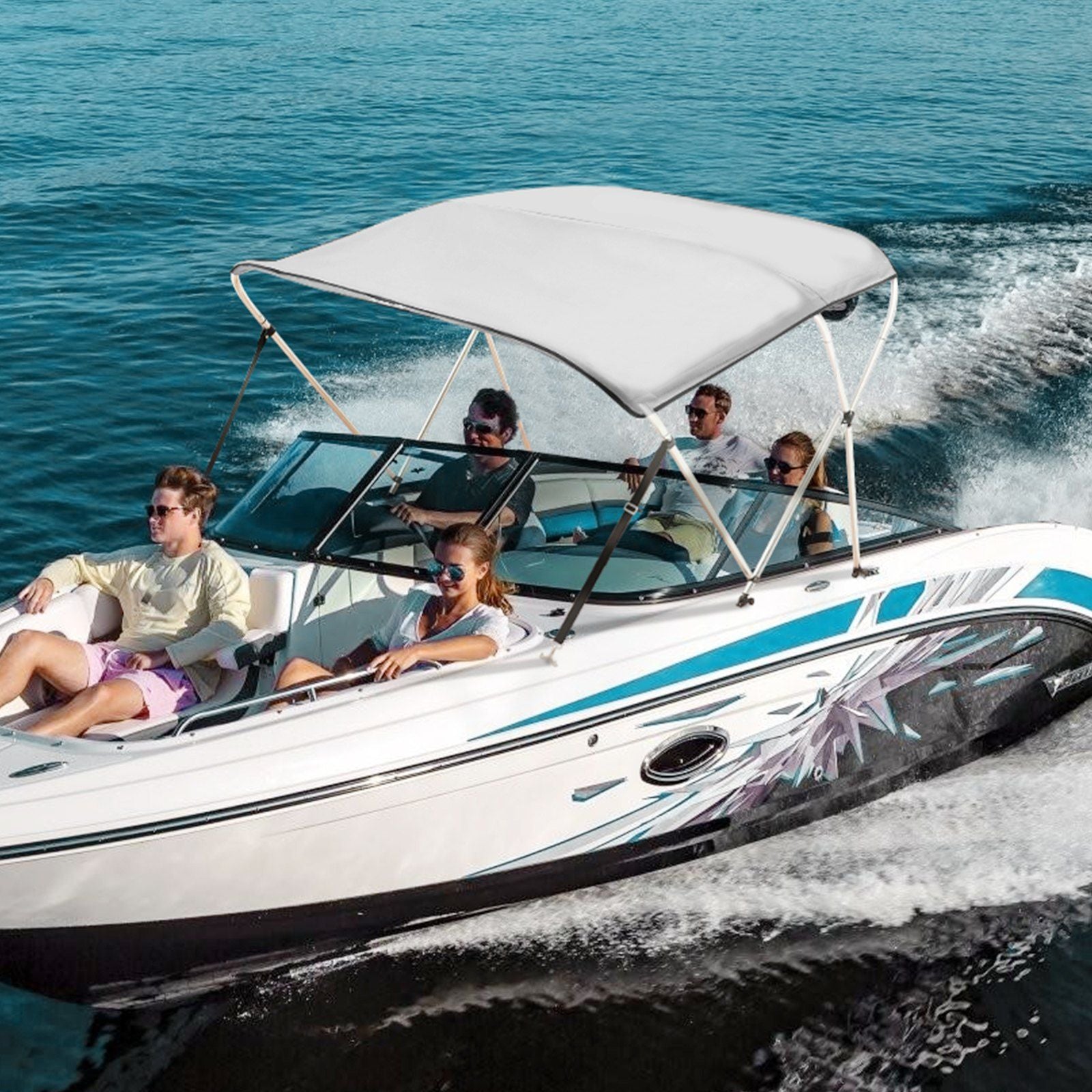 VEVOR 3 Bow Bimini Top Boat Cover, 900D Polyester Canopy with 1" Aluminum Alloy Frame, Waterproof and Sun Shade, Includes Storage Boot, 4 Straps, 2 Support Poles, 6'L x 46"H x 61"-66"W, Light Grey - Discount Msrp 