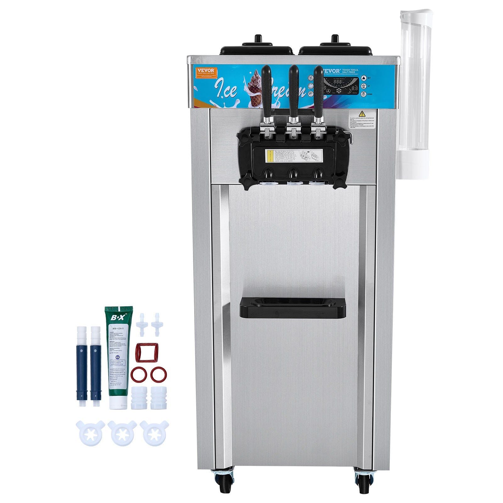 VEVOR Commercial Ice Cream Machine, 21-31 L/H Yield, 1800W 3-Flavor Freestanding Soft Serve Ice Cream Maker, 2 x 5.5L Stainless Steel Cylinder, LED Panel Auto Clean Pre-cooling, for Restaurant Bars - Discount Msrp 
