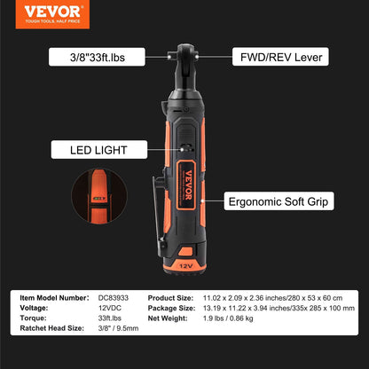 VEVOR 3/8" Cordless Electric Ratchet Wrench Set, 12V 33 Ft-lbs Power Ratchet Tool Kit, 45-Min Fast Charge, 2-Pack 2.0Ah Battery, Built-in LED Light, Variable Speed Trigger, 10 Sockets - Discount Msrp 