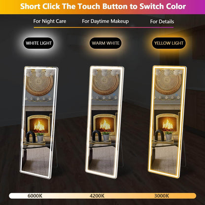 3 Color Lighting Mirror with LED Lights, 64"x21" Lighted Floor Standing Mirror with Stand - Discount Msrp 